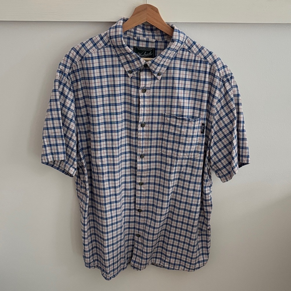 Woolrich Men’s Plaid Button Down Shirt Short Sleeve Blue Red Woolen Mills XL